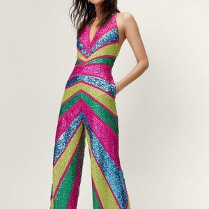 Sequin Colorblock Plunge Wide Leg Jumpsuit